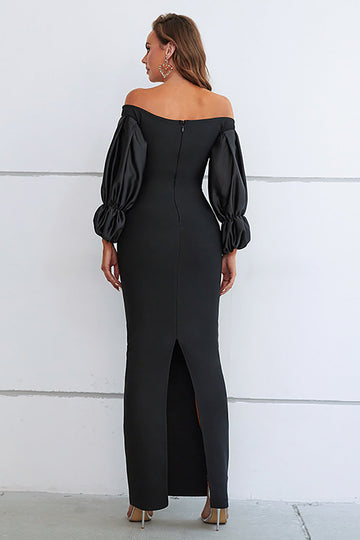 Mermaid Off The Shoulder Black Formal Dress with Puff Sleeves